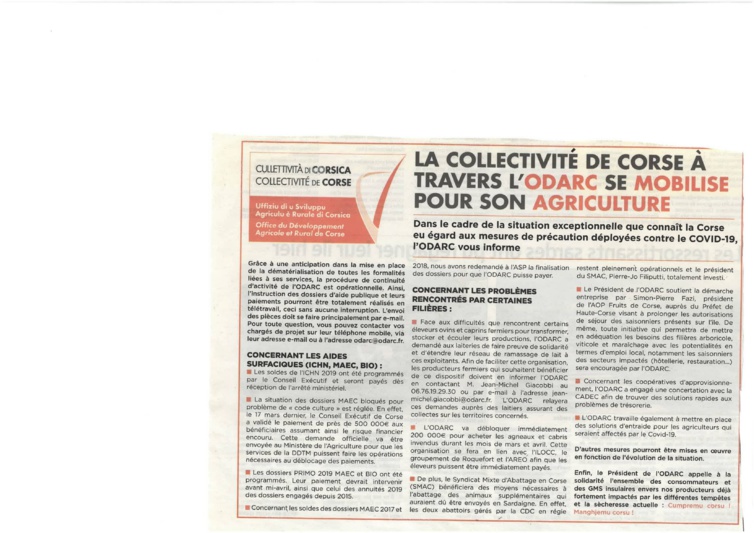 Covid-19 : La collectivité de Corse et L'ODARC soutiennent le monde agricole Covid-19 : La collectivité de Corse et L'ODARC soutiennent le monde agricole
