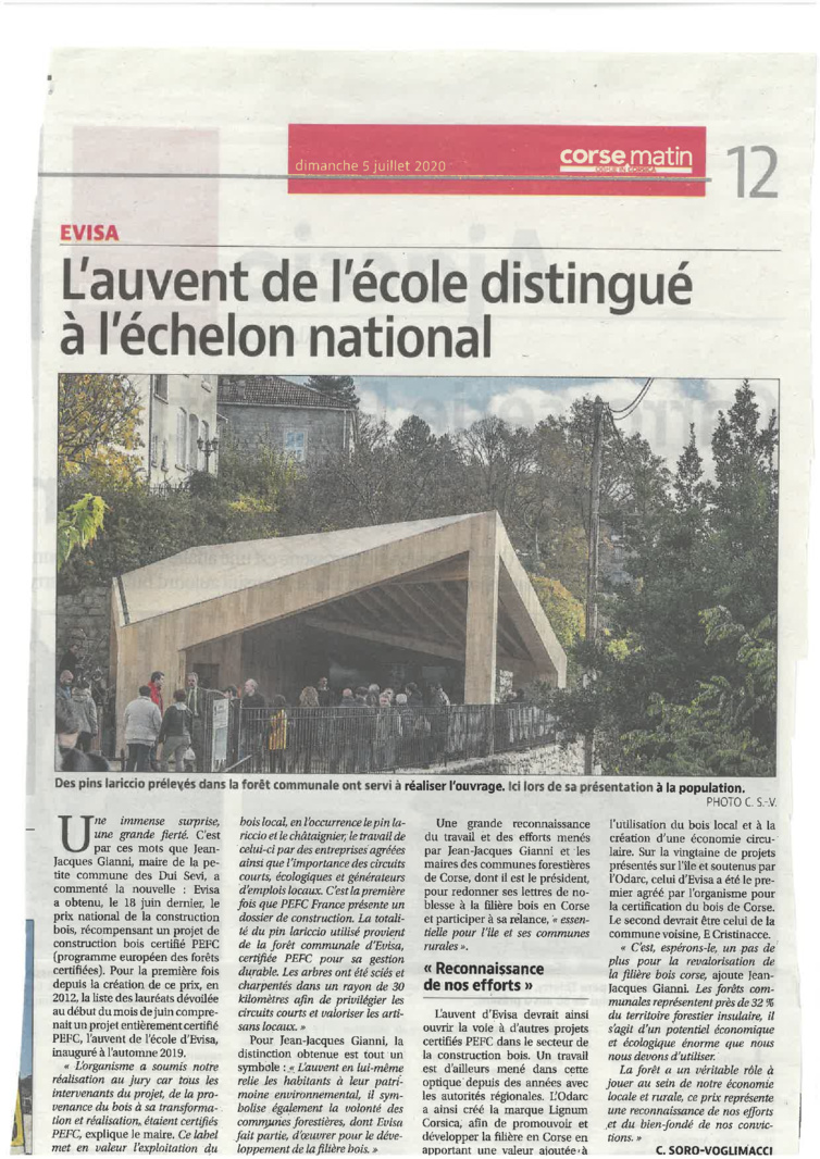 L'auvent de l'école d'Evisa récompensé L'auvent de l'école d'Evisa récompensé