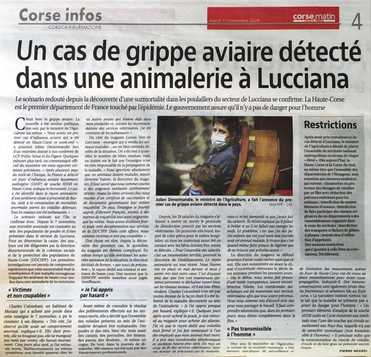 Cas de grippe aviaire dans une animalerie à Lucciana Cas de grippe aviaire dans une animalerie à Lucciana