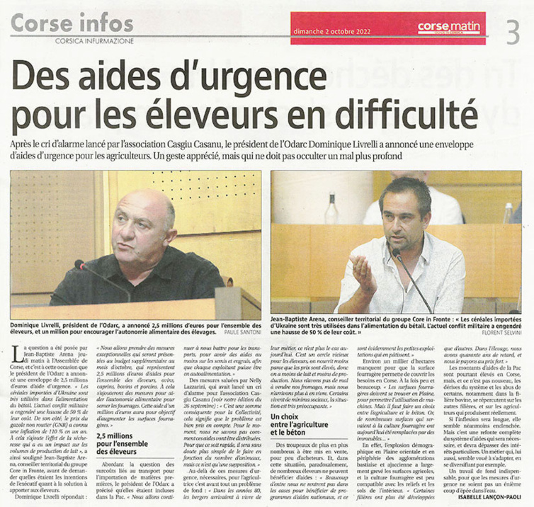 Le Président Dumenicu Livrelli annonce des aides d'urgences pour les éleveurs en difficulté. Le Président Dumenicu Livrelli annonce des aides d'urgences pour les éleveurs en difficulté.